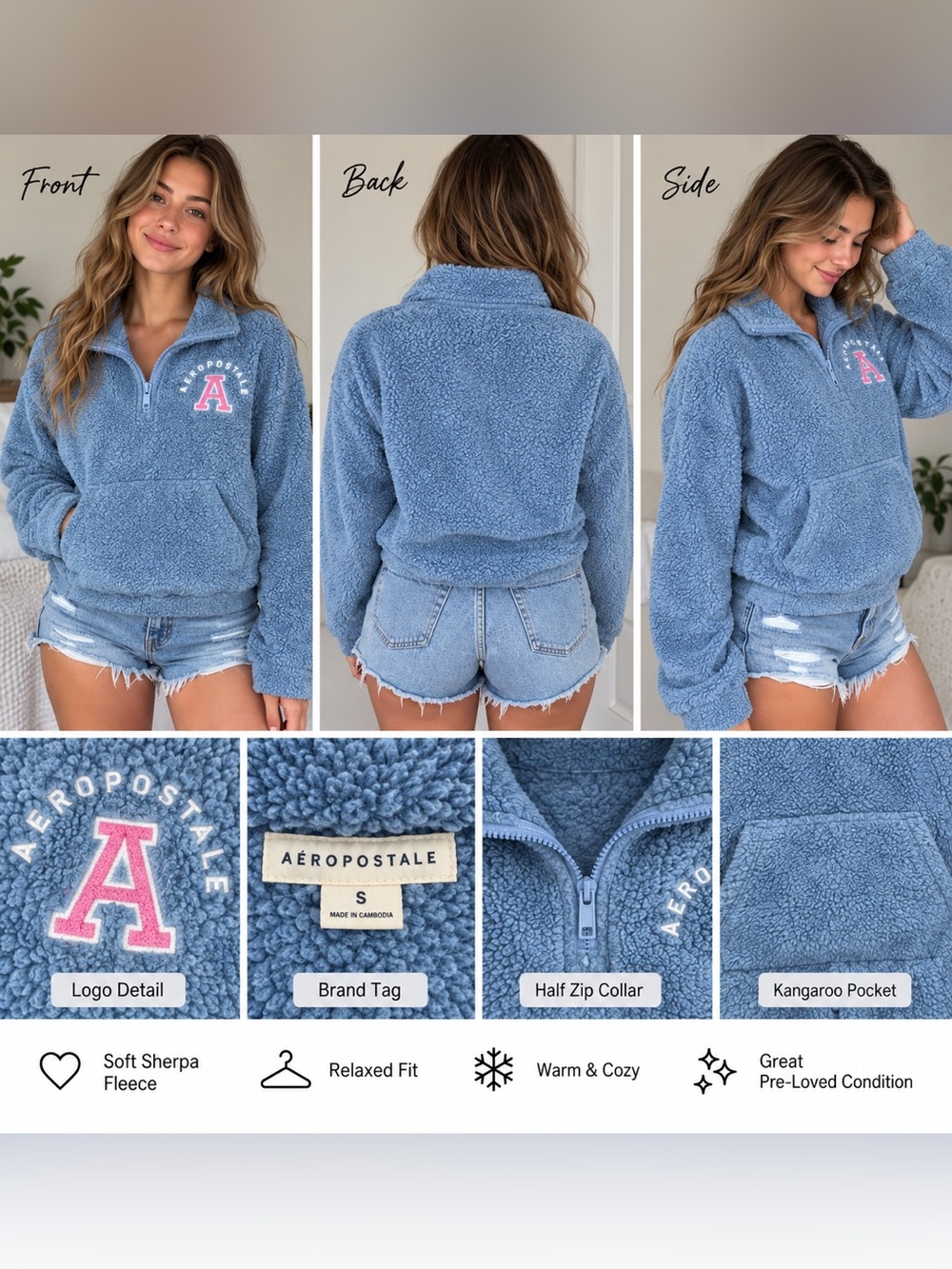 Aeropostale Womenβs Small Gray Sherpa Fleece Quarter Zip Pullover